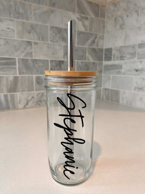 Mason jar cup with bamboo top and straw. Customizable name/business logo