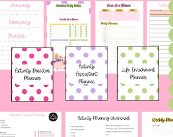 May include: A pink and white polka dot planner with the text "Activity Director Planner". There are other planners in the image with polka dots in different colors, including purple and green. The planners are for activities, life enrichment, and resident council meetings.