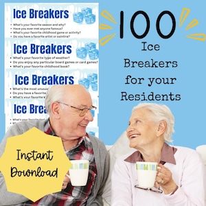 Może przedstawiać: Zdjęcie dwóch starszych osób uśmiechających się i trzymających kubki. Tekst "100 Ice Breakers for your Residents" znajduje się w prawym górnym rogu obrazu. Tekst "Instant Download" znajduje się w lewym dolnym rogu obrazu.