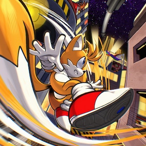 May include: A cartoon fox character with a yellow and orange tail, wearing red and white trainers, runs through a city scene with a yellow and orange blur effect. The fox is running towards the right side of the image. The background is a city scene with buildings and a starry sky.