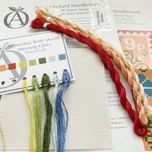May include: A cross stitch needlework kit featuring a Morning Glory flower design. The kit includes a printed chart, embroidery floss in various colours, a needle, and a piece of Aida cloth.