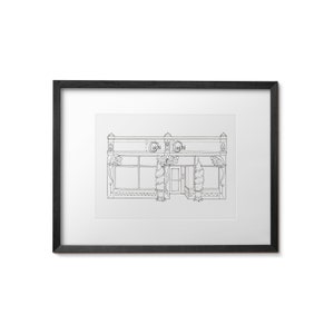 May include: A black and white line drawing of a storefront with the text "Cucina Cucina" above the entrance.