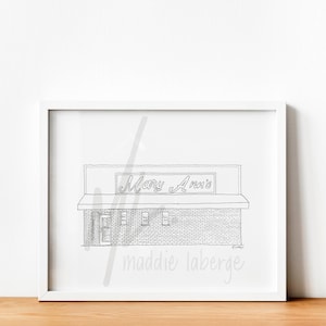 May include: A black and white line drawing of a brick building with a sign that reads "Mary Ann's". The drawing is signed "maddie laberge".