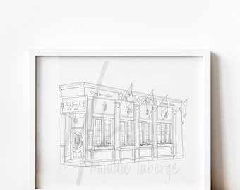 May include: A black and white line drawing of a building with the text "Mr. Dooley's" above the entrance. The building has a sign that says "Porters - Ales" and another sign that says "Wine Spirits". The number "77" is visible on the building. The drawing is signed "maddie laberge" in the bottom right corner.