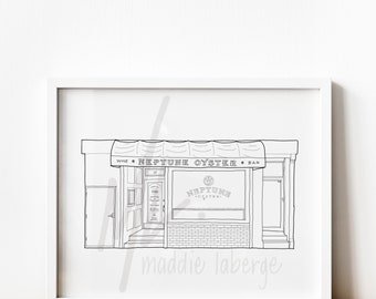 Neptune Oyster Bar, North End, Boston MA, Handdrawn Print