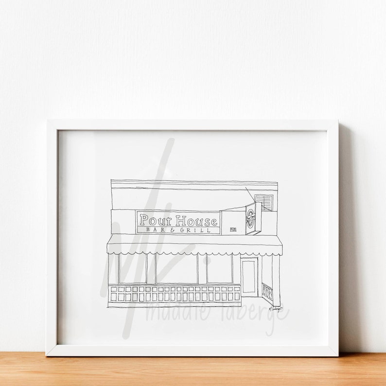 May include: Line drawing illustration of a building with a sign that reads "Pour House Bar & Grill".