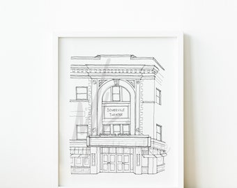 Somerville Theatre, Davis Square, Handdrawn Print