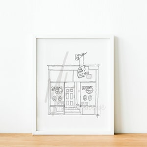 May include: A black and white line drawing of a pub called "The Review" with a sign hanging above the door. The pub has two windows and a door with a small stoop. The windows have signs that say "Seymour's" and "Seymour's Beacon Hill Pub".