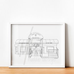 May include: Black and white line drawing of Conor Larkin's Grill & Tap, framed in a white border. The building's facade is detailed, including the awning, windows, and entrance. The address and phone number are also visible.