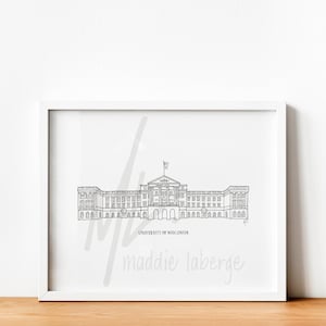 May include: A black and white line drawing of a building with the text "University of Wisconsin" and "maddie laberge" below it.