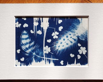 Indigo print in passe-partout, original, plant motif