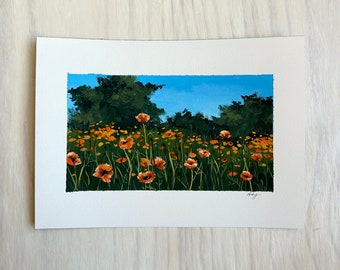 Original gouache California poppy landscape