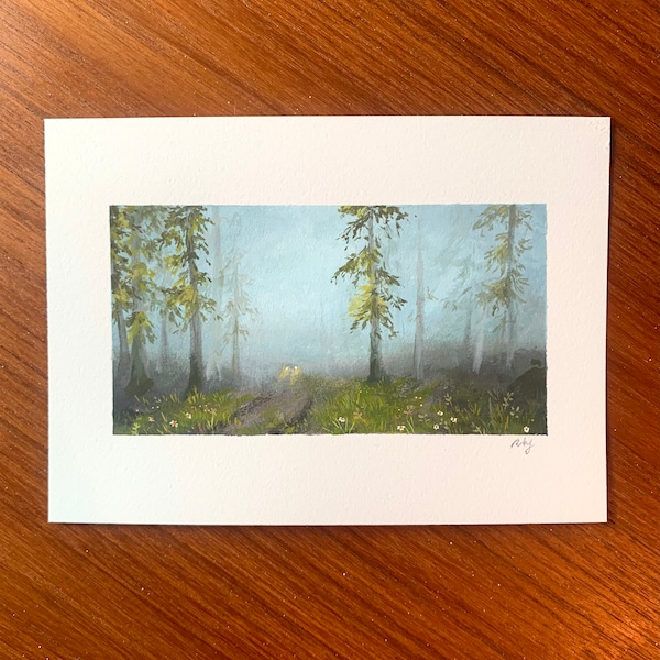 Original gouache fog forest headlights painting