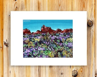 Original gouache painting of New mexico flowers blooming desert landscape