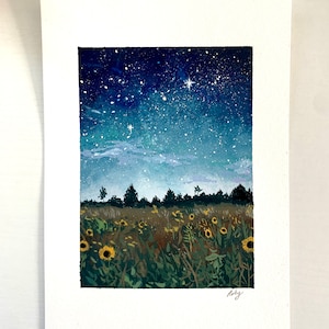 Original gouache stars and sunflowers painting