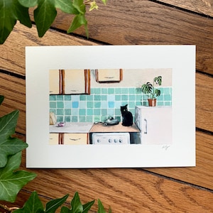 Teal kitchen cat gouache painting