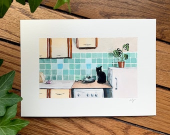 Teal kitchen cat gouache painting