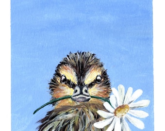 Mallard duckling gouache painting