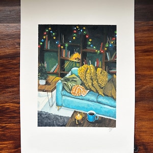 Cozy couch cat gouache painting