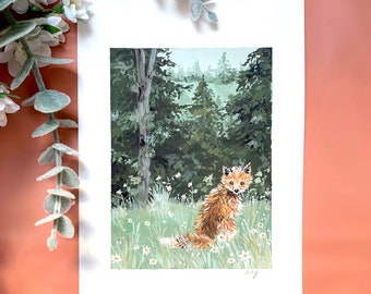 Original floral forest fox gouache painting