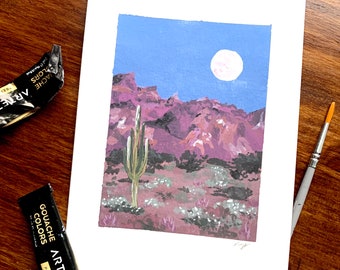 Original gouache desert moon painting