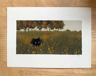 Original autumn cat gouache painting