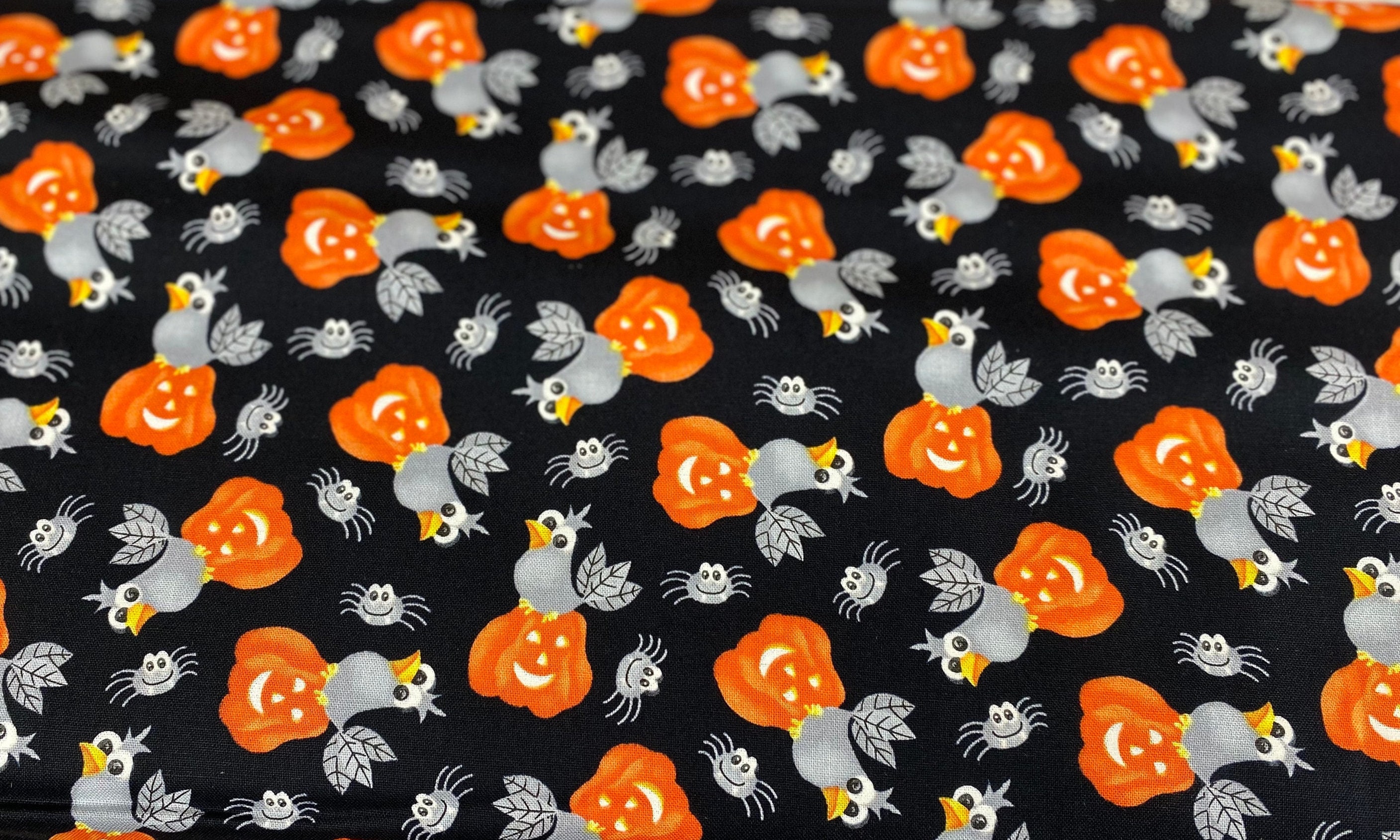 Halloween Fabric: Pumpkin Owls by Delphine Cubitt (1/2 Yard)