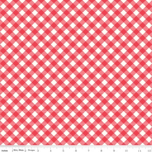 May include: Red and white gingham fabric with a checkered pattern. The fabric is measured in inches.