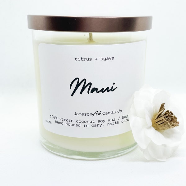 Citrus & Agave Scented Candle, 8oz. Soy Candle, Handmade Candle, Coconut Wax Candle, Maui Candle