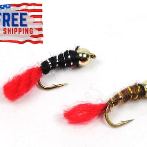 12 pcs Handmade flies High Quality Fishing fly bead head red tail buzzer nymph trout sea trout salmon grayling river lake dam stream brook