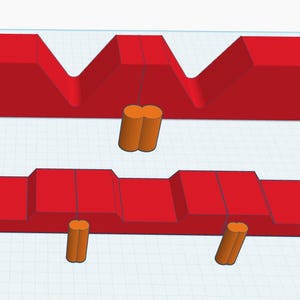Könnte beinhalten: 3D-gerendertes Bild eines Holzbearbeitungswerkzeugsatzes. Das Set enthält zwei rote rechteckige Teile mit abgewinkelten und abgestuften Aussparungen, orangefarbene zylindrische Dübel und orangefarbene kreisförmige Unterlegscheiben. Die Teile haben Löcher zur Montage.