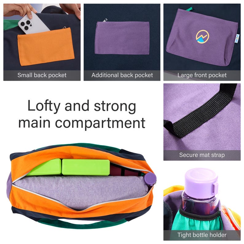 May include: A multi-colored yoga bag with a large main compartment, small and additional back pockets, and a large front pocket. Features a secure mat strap and a tight bottle holder. The bag is orange, green, purple, and navy blue.