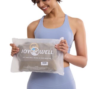 May include: A translucent, frosted plastic storage bag featuring the white text JOY WELL and the phrase JOY AND WELL-BEING IS OUR MANTRA printed on the front. The bag contains a folded olive green textile item and includes a small white barcode label.