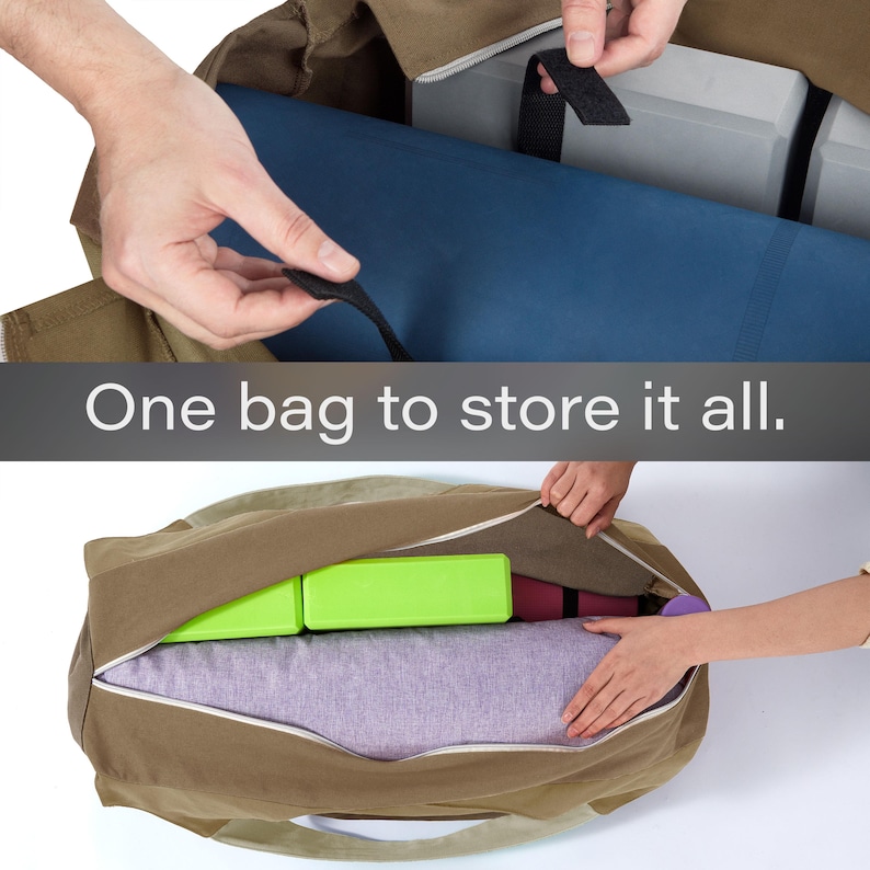 May include: A large olive green canvas duffel bag with a zippered opening, containing two bright green rectangular blocks, a purple rolled mat, and a dark pink rolled mat. The text "One bag to store it all." is centered across the image.