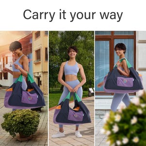 May include: A large multi-colored duffel bag featuring a dark navy main body, a light purple front pocket, and green shoulder straps. The bag displays a circular logo with a wave graphic on the front pocket. The text Carry it your way is visible.