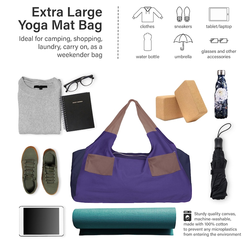 May include: An extra-large yoga mat bag in purple, brown, and navy blue, with two front pockets. The image also shows a gray sweater, sneakers, a tablet, a water bottle, an umbrella, and a yoga mat. The bag is made of sturdy canvas.
