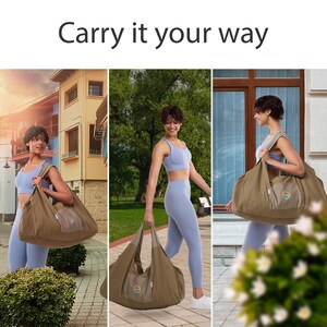May include: A large, solid brown hobo-style bag with a small circular logo patch on the front pocket. The bag features wide shoulder straps and is shown in three different carrying positions, with the text Carry it your way at the top.