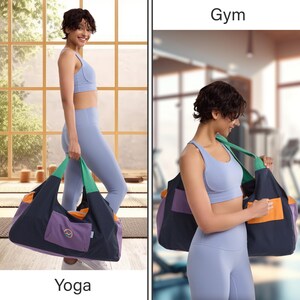 May include: A multi-colored gym bag featuring a dark navy main body, green shoulder straps, a purple front pocket with a circular logo, and orange side accents. The bag is shown in two views, labeled Yoga and Gym, highlighting its versatile design.