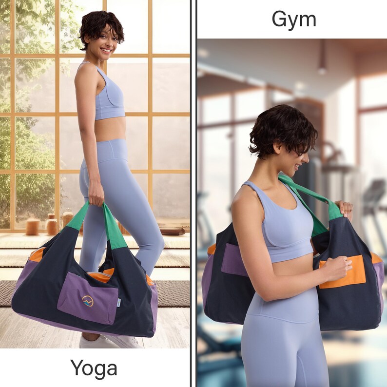 May include: A multi-colored gym bag featuring a dark navy main body, green shoulder straps, a purple front pocket with a circular logo, and orange side accents. The bag is shown in two views, labeled Yoga and Gym, highlighting its versatile design.