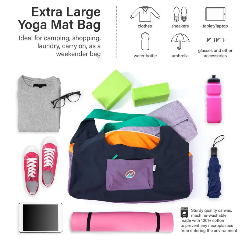 May include: An extra-large yoga mat bag in navy blue, purple, and green, with a pink yoga mat, gray shirt, pink sneakers, and other accessories. The bag is made of sturdy, machine-washable canvas and 100% cotton. Text on the image reads: Extra Large Yoga Mat Bag.
