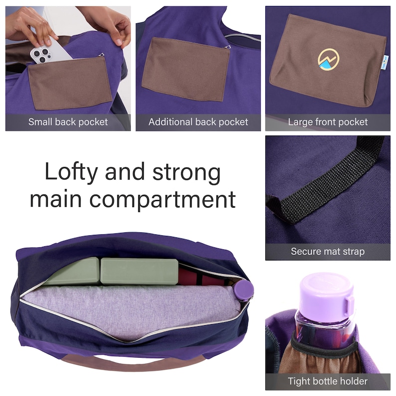 May include: A purple yoga bag with multiple pockets, including a small back pocket, an additional back pocket, and a large front pocket. The bag has a secure mat strap and a tight bottle holder. The main compartment is spacious and strong. The text "Lofty and strong main compartment" is visible.