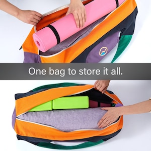 May include: A colorful yoga bag with orange, purple, and green accents. The bag is open, revealing a rolled-up pink yoga mat and two green yoga blocks. The text "One bag to store it all" is displayed.