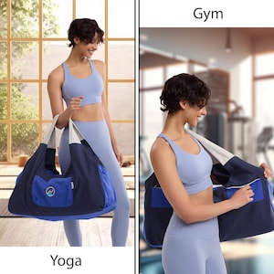 May include: A navy blue and white yoga bag with a light blue pocket and a mountain logo. The bag is held by a person wearing a light blue sports bra and leggings. The word "Yoga" is at the bottom of the image.