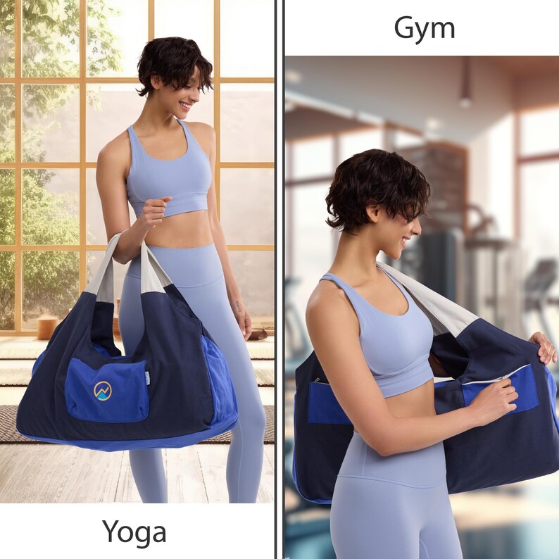 May include: A navy blue and white yoga bag with a light blue pocket and a mountain logo. The bag is held by a person wearing a light blue sports bra and leggings. The word "Yoga" is at the bottom of the image.
