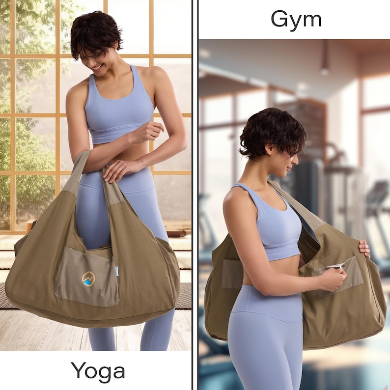 May include: A large, olive-green hobo-style bag featuring a wide shoulder strap and a front pocket with a circular logo containing a blue mountain graphic. The bag is shown in two contexts labeled Yoga and Gym, highlighting its versatile design.