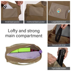 May include: A tan canvas tote bag featuring multiple exterior pockets, including a small back pocket, an additional back pocket, and a large front pocket with a circular logo. The interior main compartment holds a yoga mat, blocks, and a water bottle.