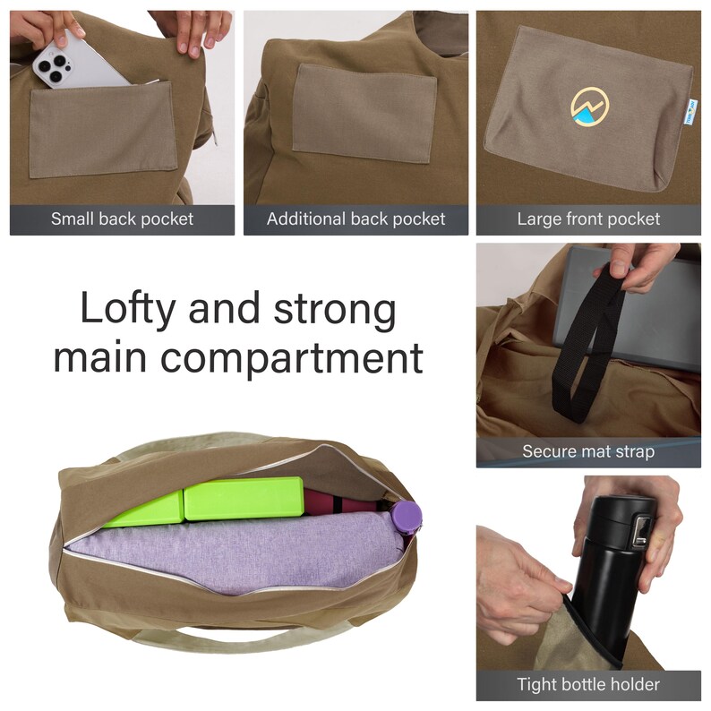 May include: A tan canvas tote bag featuring multiple exterior pockets, including a small back pocket, an additional back pocket, and a large front pocket with a circular logo. The interior main compartment holds a yoga mat, blocks, and a water bottle.