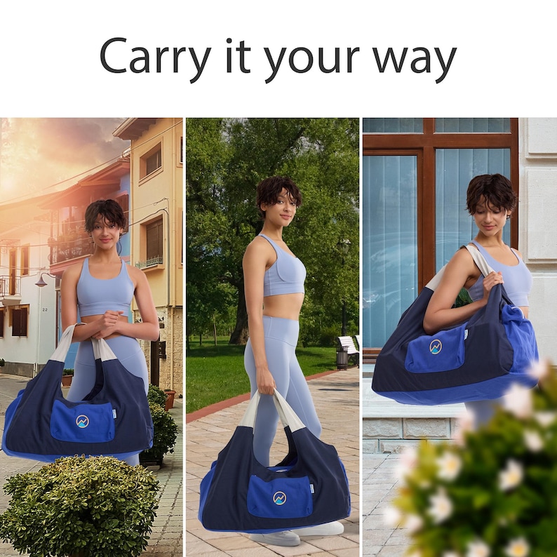 May include: A navy blue and light blue tote bag with a white strap and a front pocket. The bag has a circular logo on the pocket. The text "Carry it your way" is at the top of the image.