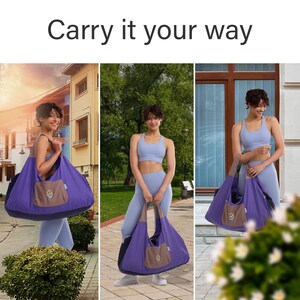 May include: A purple tote bag with a brown pocket and straps. The bag has a dark blue base and a circular logo on the pocket. The text "Carry it your way" is at the top of the image. The bag is being carried by a person wearing a light blue athletic outfit.