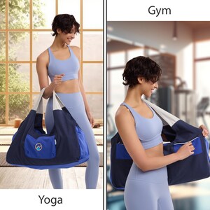 May include: A large, multi-colored tote bag featuring a navy blue body, a bright blue front pocket with a circular logo, and light gray shoulder straps. The bag is shown in two views, labeled Yoga and Gym, highlighting its functional design.